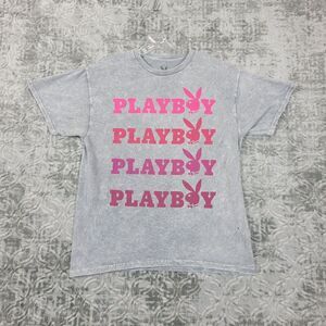 Playboy Shirt Mens Large Gray Short Sleeve Crew Neck Bunny Logo Adults
